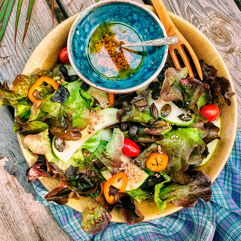 Ensalada de lechuga hojas de roble con manzana ácida, tomates deshidratados y vinagreta de sésamo spicy